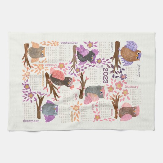 Kalender 2023 jaar Whimsical Owls Fun Cute Theedoek (Horizontaal)