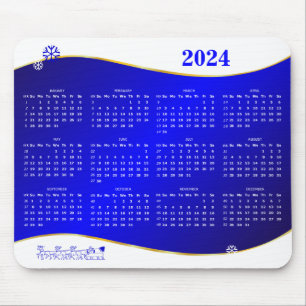 Kalender 2024 op blauwe golf achtergrond muismat