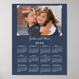 Kalender 2025 met uw foto en naam Navy Blue Poster