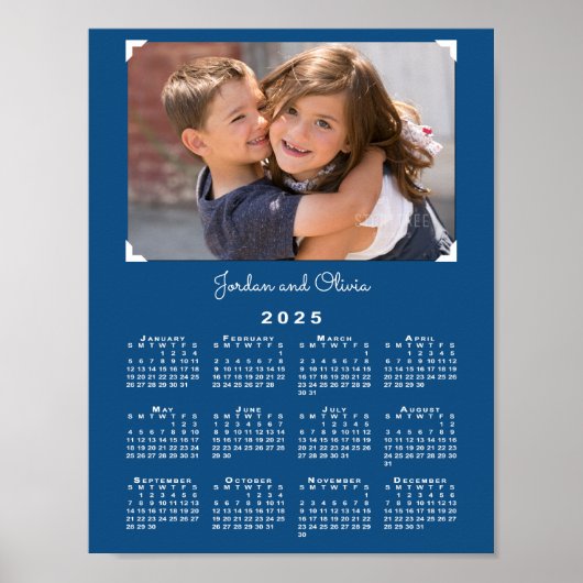 Kalender 2025 met uw foto en naam op blauw poster (Voorkant)