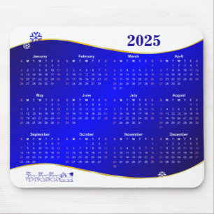 Kalender 2025 op blauwe golf achtergrond muismat