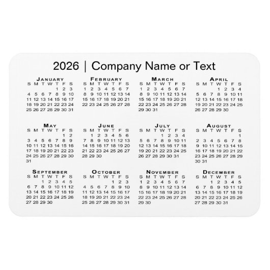 Kalender 2026 met aangepaste tekst wit magneet (Horizontaal)