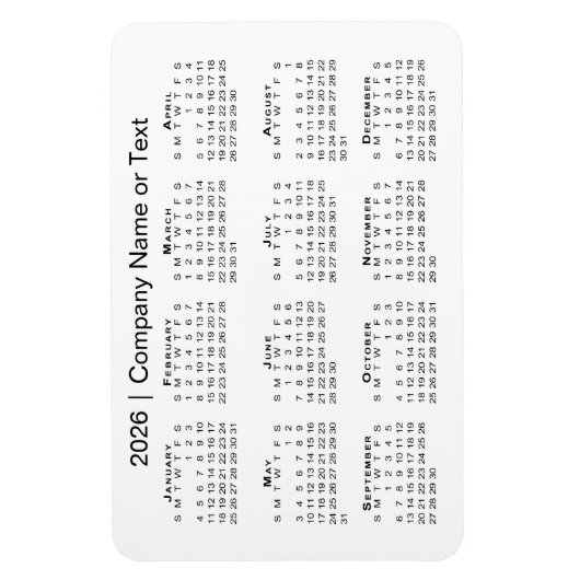 Kalender 2026 met aangepaste tekst wit magneet (Verticaal)