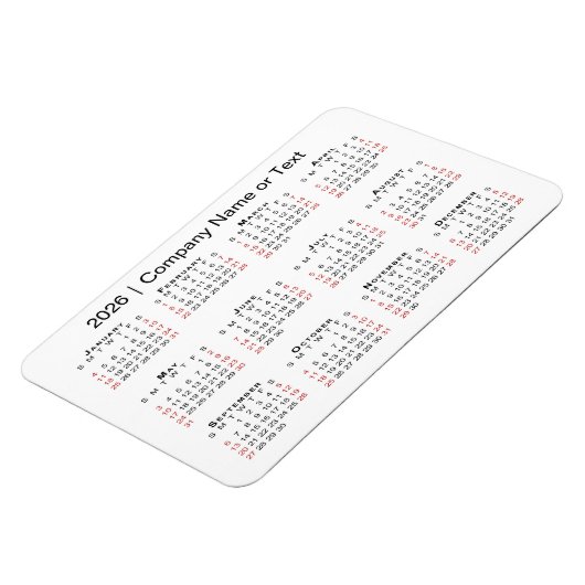 Kalender 2026 met aangepaste tekst zwart rood wit magneet (Linkerzijde)