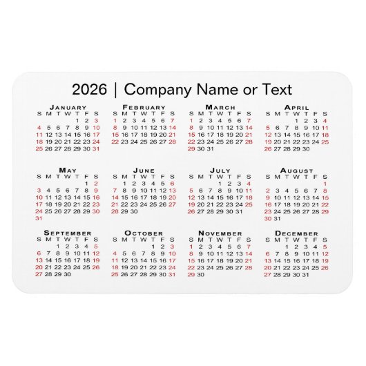 Kalender 2026 met aangepaste tekst zwart rood wit magneet (Horizontaal)
