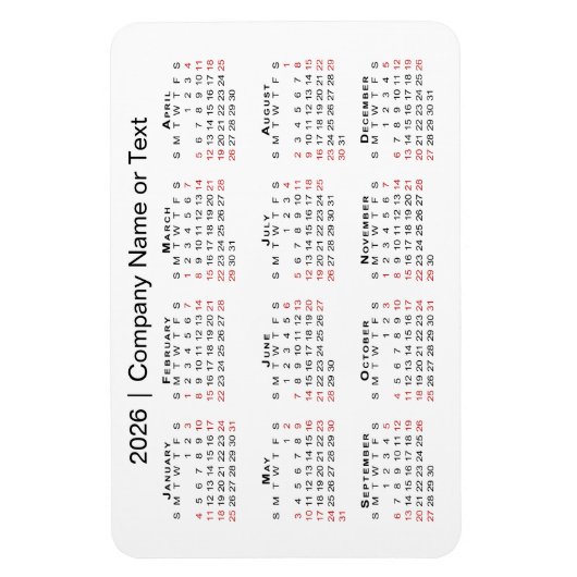Kalender 2026 met aangepaste tekst zwart rood wit magneet (Verticaal)