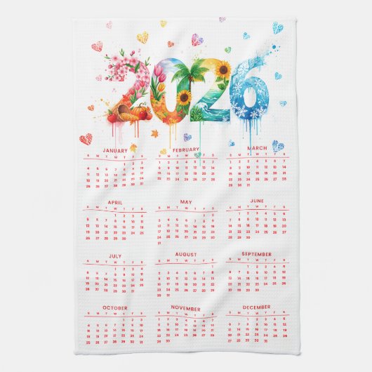 Kalender 2026 met vier seizoenen theedoek (Verticaal)
