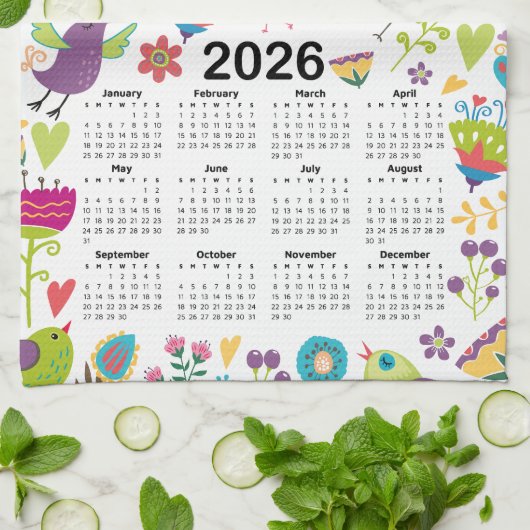 Kalender 2026 Veelkleurige vogels en bloemen Theedoek (Gevouwen)