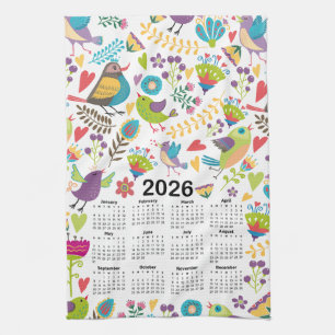 Kalender 2026 Veelkleurige vogels en bloemen Theedoek