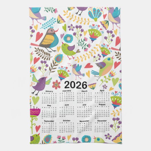 Kalender 2026 Veelkleurige vogels en bloemen Theedoek (Verticaal)