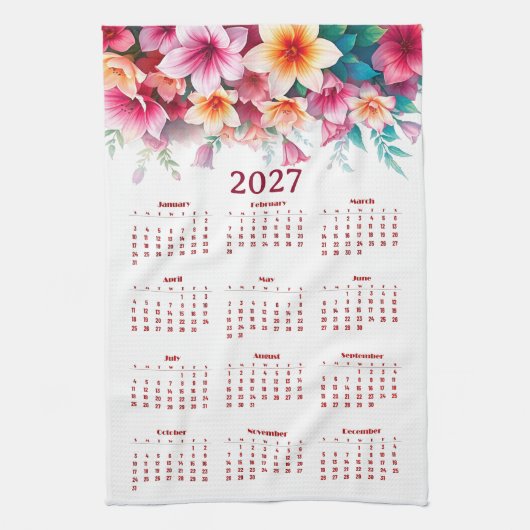 Kalender 2027 met bloemen theedoek (Verticaal)