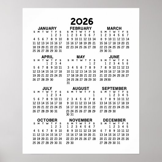 Kalender - Basis Minimaal Zwart en Wit Poster (Voorkant)