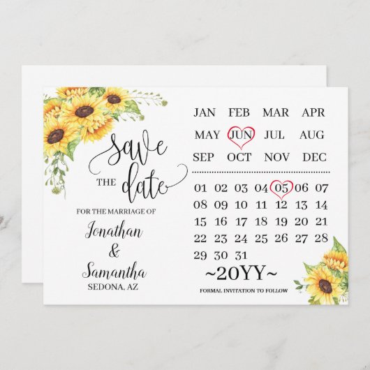 kalender behalve de datum waarop de zonnebloemen t kaart (Voorkant / Achterkant)