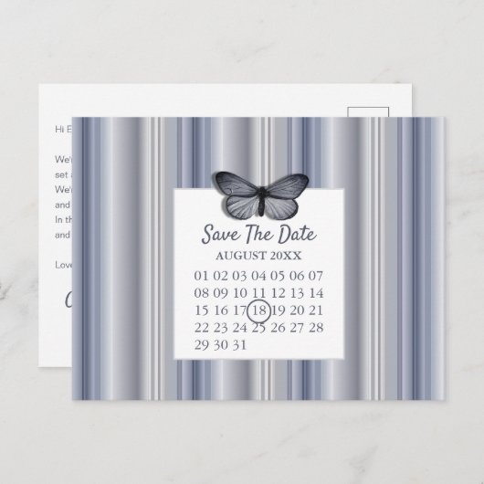 Kalender Bewaar de datum Blue Silver Butterfly Aankondigingskaart (Voorkant / Achterkant)