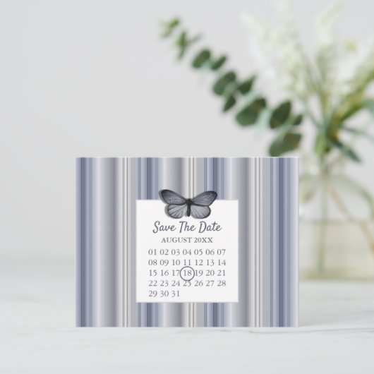 Kalender Bewaar de datum Blue Silver Butterfly Aankondigingskaart (Staand voorkant)