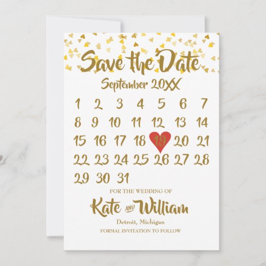 Kalender Bewaar de datum Gold Love Hearts Confetti Save The Date (Voorkant)