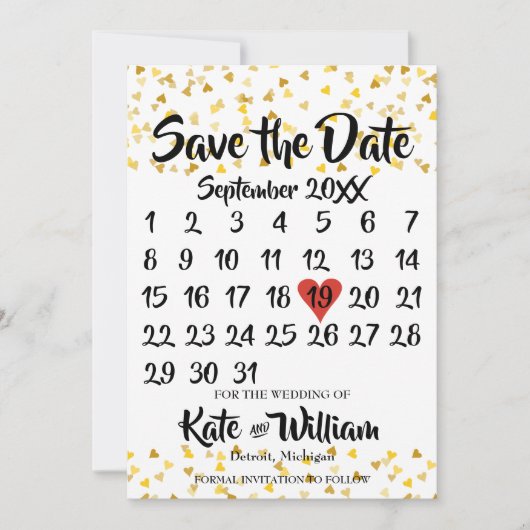 Kalender Bewaar de datum Golden Love Hearts Confet Save The Date (Voorkant)