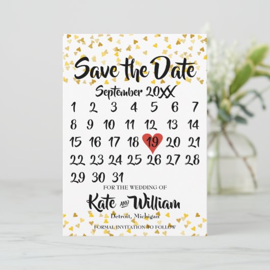 Kalender Bewaar de datum Golden Love Hearts Confet Save The Date (Staand voorkant)