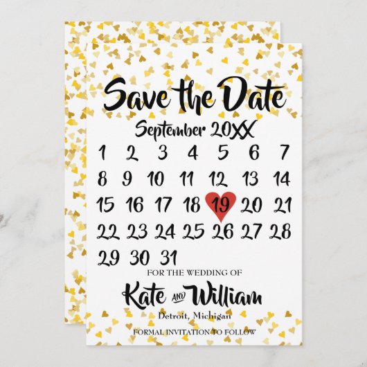 Kalender Bewaar de datum Golden Love Hearts Confet Save The Date (Voorkant / Achterkant)