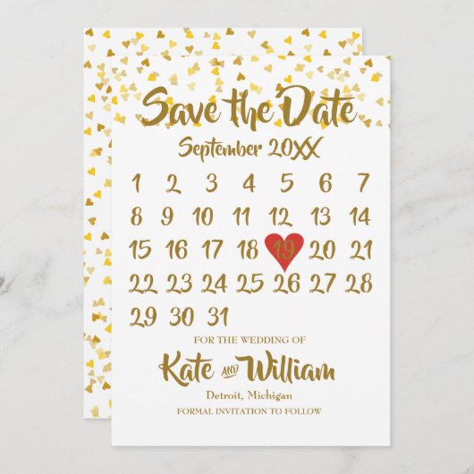Kalender Bewaar de Datum Goud Hartjes Confetti Save The Date (Voorkant / Achterkant)