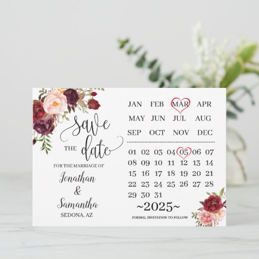 Kalender Bewaar de datum Marsala trouwdag Kaart (Staand voorkant)