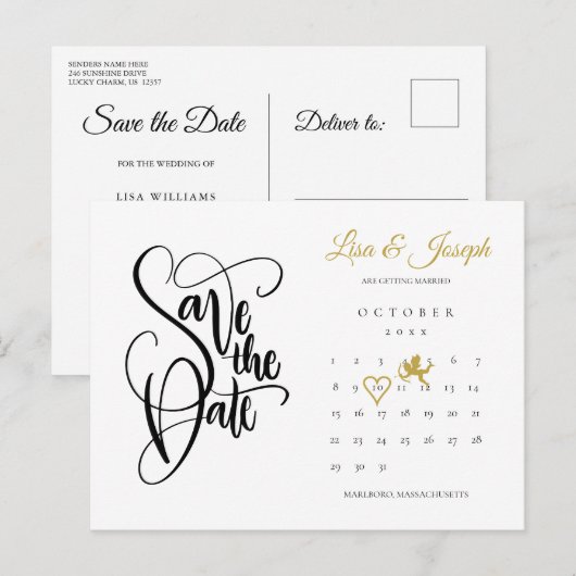 Kalender Cupid Gold Love Heart Save the Date Aankondigingskaart (Voorkant / Achterkant)