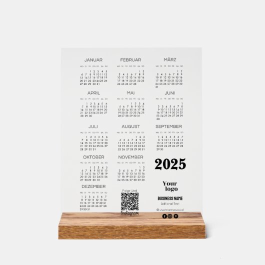 Kalender Deutsch 2025 Voljaar Kalender QR Code Acryl Bord (Voorkant)
