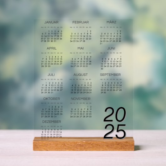 Kalender Duits 2025 Kalender Hele Jaar Acryl Bord (Neutraal)
