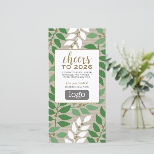 Kalender en Logo - Gold Green Branches - Zakelijk Feestdagenkaart (Staand voorkant)