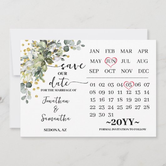 Kalender Eucalyptus Gold Bewaar onze trouwdatum Save The Date (Voorkant)