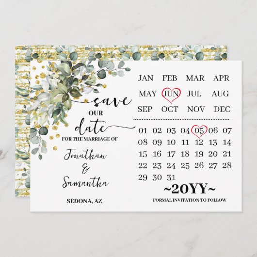 Kalender Eucalyptus Gold Bewaar onze trouwdatum Save The Date (Voorkant / Achterkant)