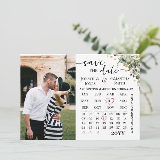 Kalender Eucalyptus Goud Save the Date Bruiloft (Staand voorkant)