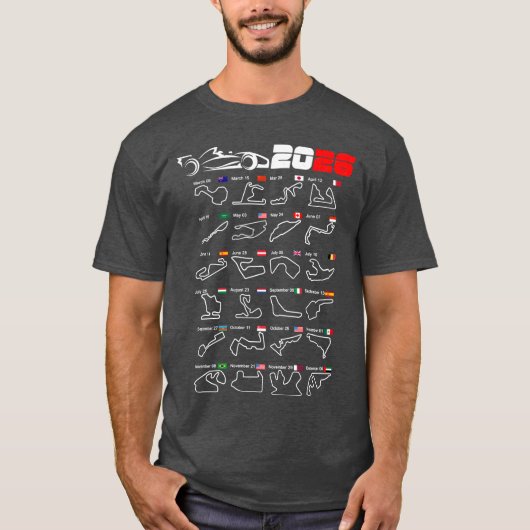 Kalender Formule raceauto's 2026 circuits v2 T-shirt (Voorkant)