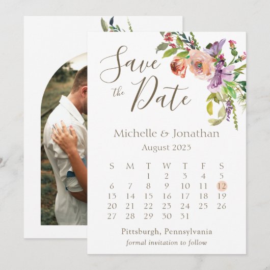Kalender foto Groene Boho Flowers Weddenschap Save The Date (Voorkant / Achterkant)