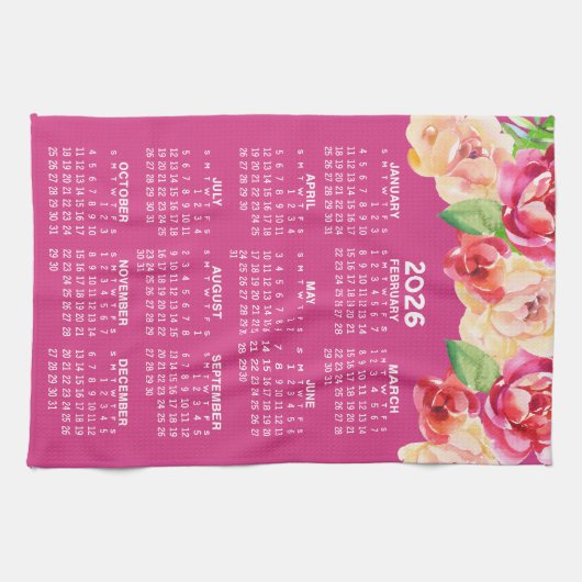 Kalender Geschilderde Waterverf Bloemen heet roze Theedoek (Horizontaal)