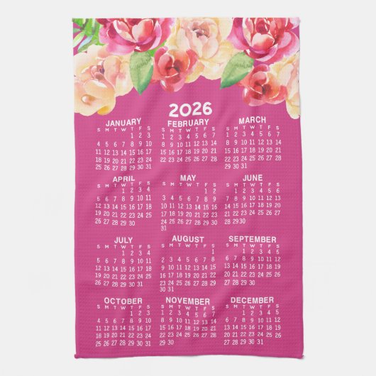 Kalender Geschilderde Waterverf Bloemen heet roze Theedoek (Verticaal)