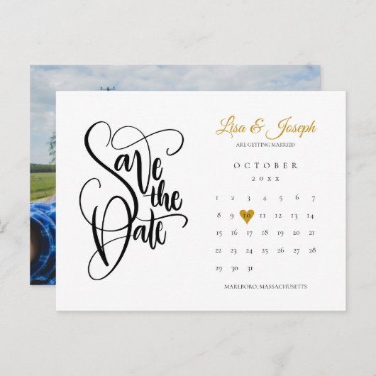 Kalender Goud Hart Fotoscript De datum opslaan Aankondigingskaart (Voorkant / Achterkant)