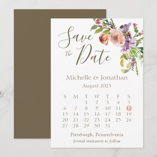 Kalender groene boho Floral Flowers Weddenschap Save The Date (Voorkant / Achterkant)