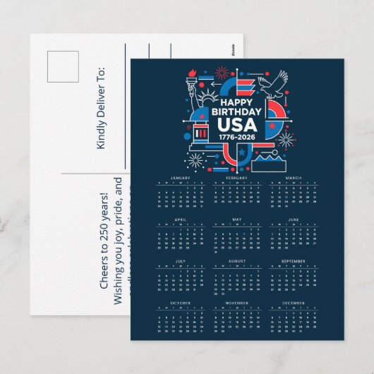 Kalender Happy Birthday USA 250 Feestdagenkaart (Voorkant / Achterkant)