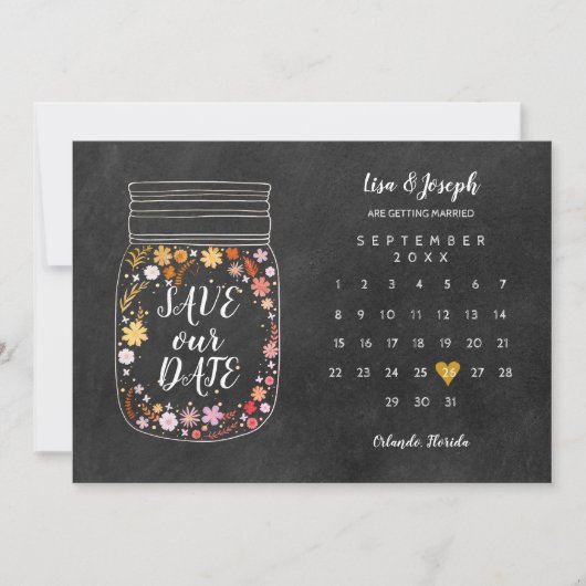 Kalender Hart Mason Jar Chalkboard Save the Date Kaart (Voorkant)