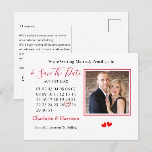 Kalender Heart Wedding Sla de datum op Foto Aankondigingskaart (Voorkant / Achterkant)