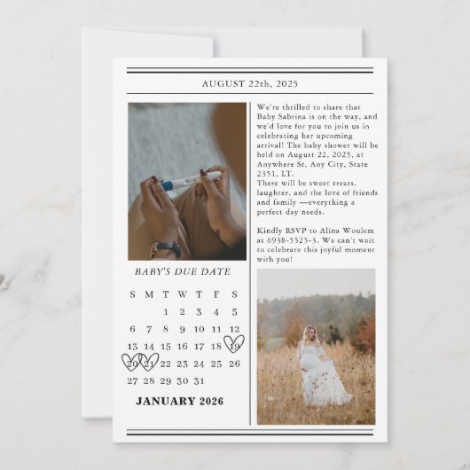 Kalender krant foto Baby shower Kaart (Achterkant)
