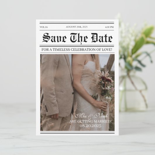 Kalender krant foto bruiloft opslaan van de datum kaart (Staand voorkant)
