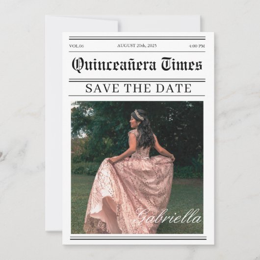 Kalender krantenfoto quinceañera save the date (Voorkant)