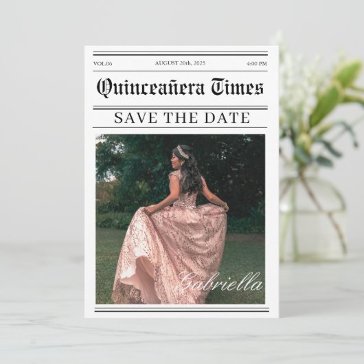 Kalender krantenfoto quinceañera save the date (Staand voorkant)