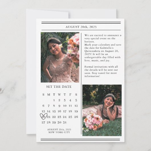 Kalender krantenfoto quinceañera save the date (Achterkant)