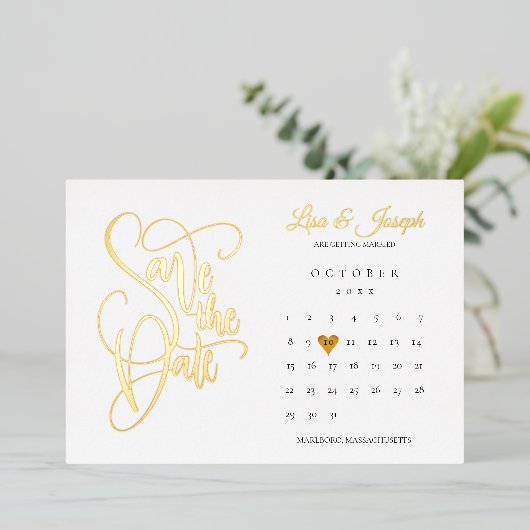 Kalender Liefde Hart Bewaar de Datum Goud Folie Uitnodiging (Staand Voorkant)