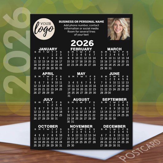 Kalender - logo, foto, zakelijk contact - zwart briefkaart