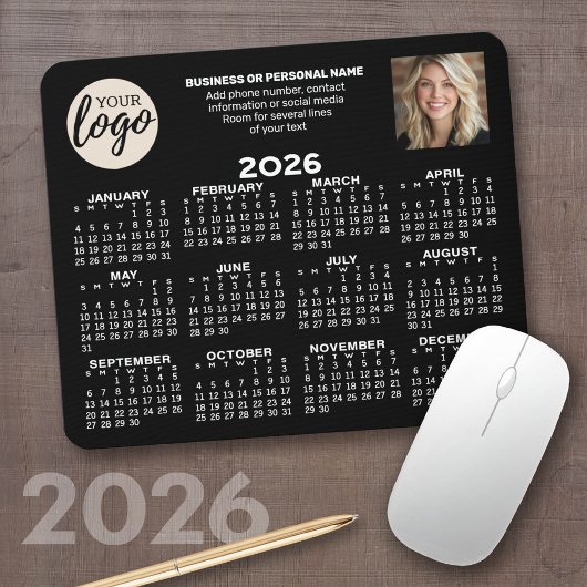 Kalender - logo, foto, zakelijk contact - zwart muismat