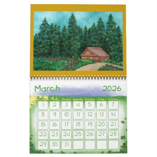 Kalender met cabines en landschappen (Mar 2026)